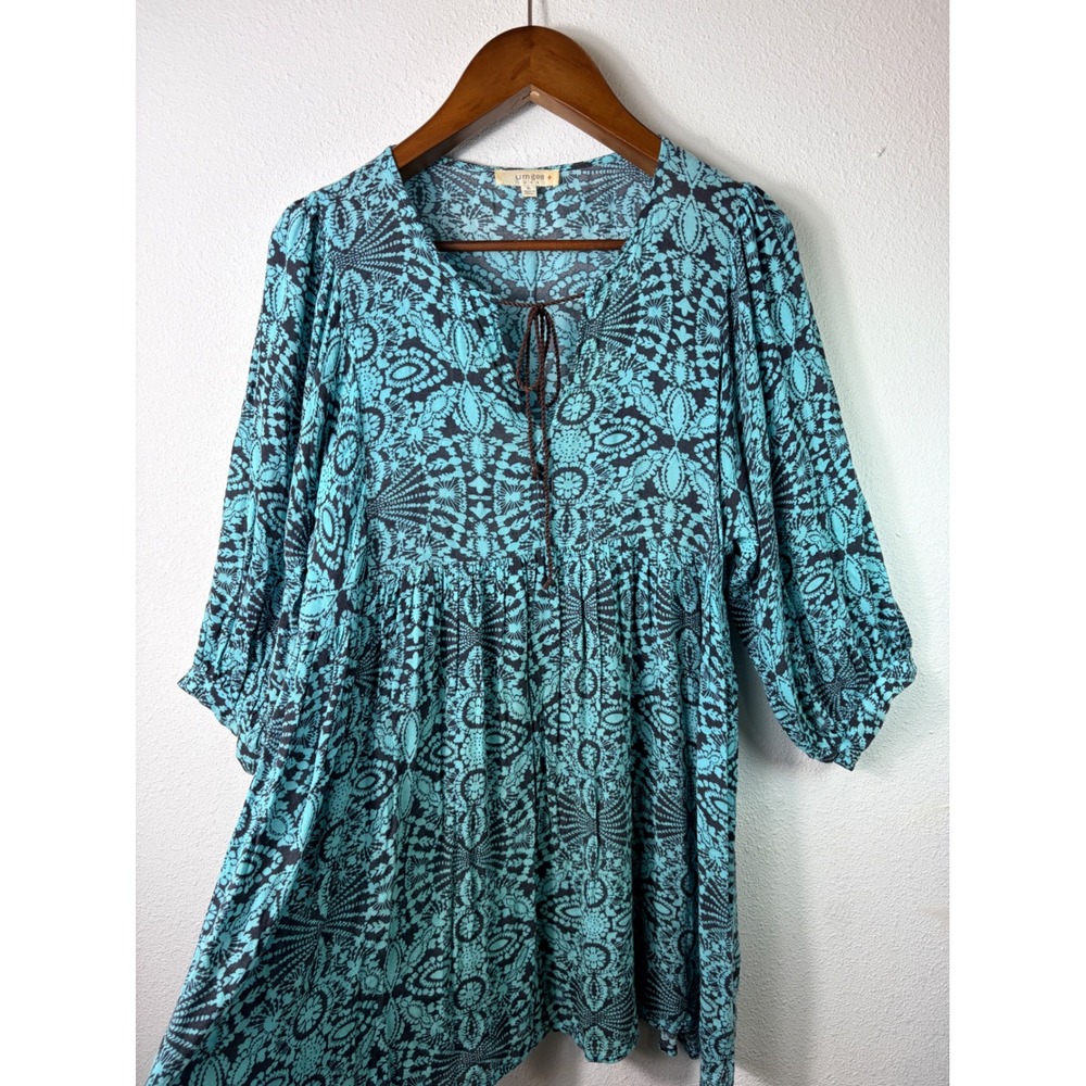 Umgee USA Womens Tunic Top Teal Black XL Boho Chic Tassel Neck Babydoll Peasant
